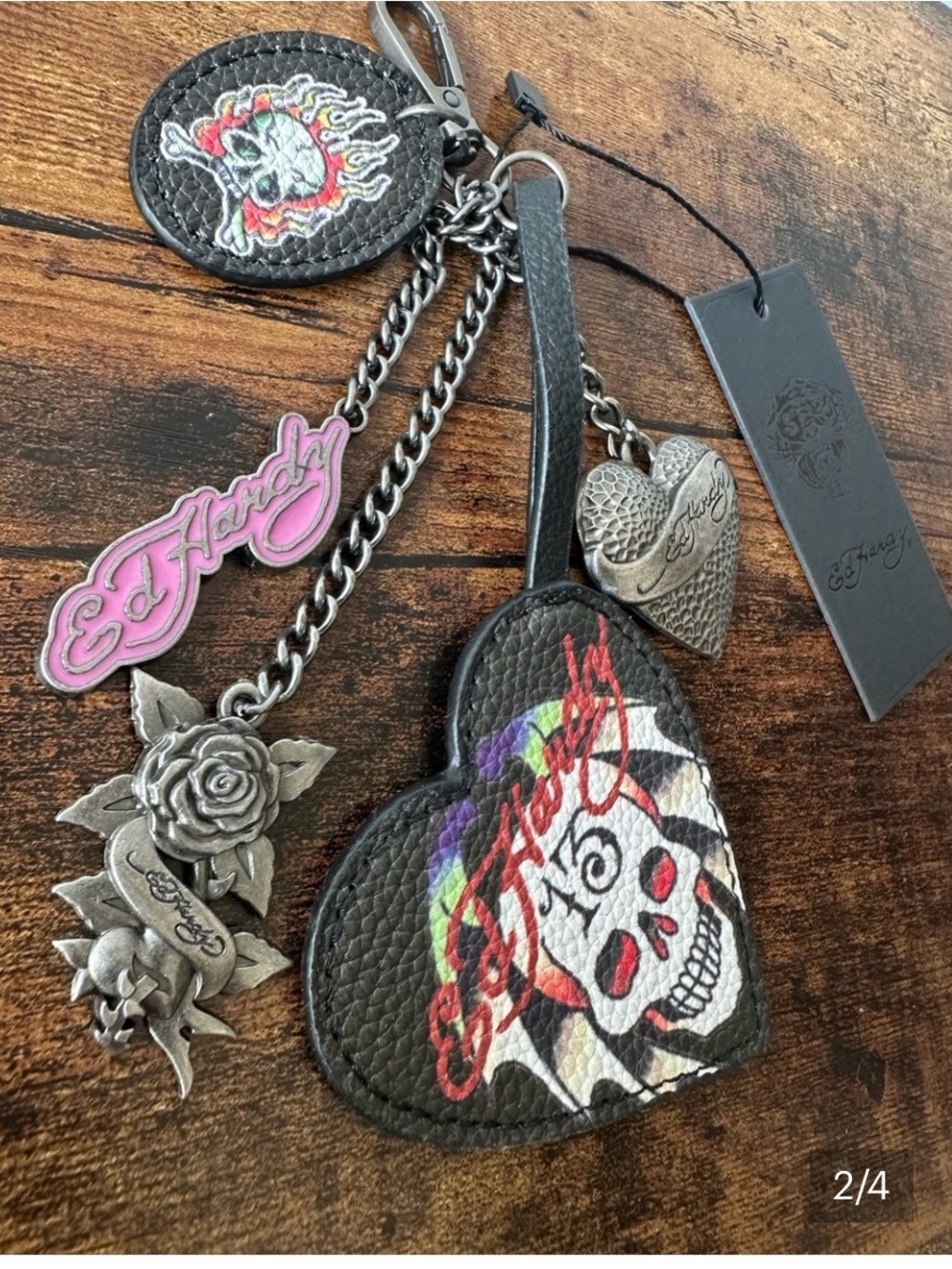 Ed Hardy Black Heart Skull, Metal Accents Multi-Color Bag Charm or Keychain NWT
